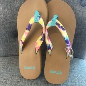 Sanuk Brown Sandals with Multicolor Tie-Dye Straps